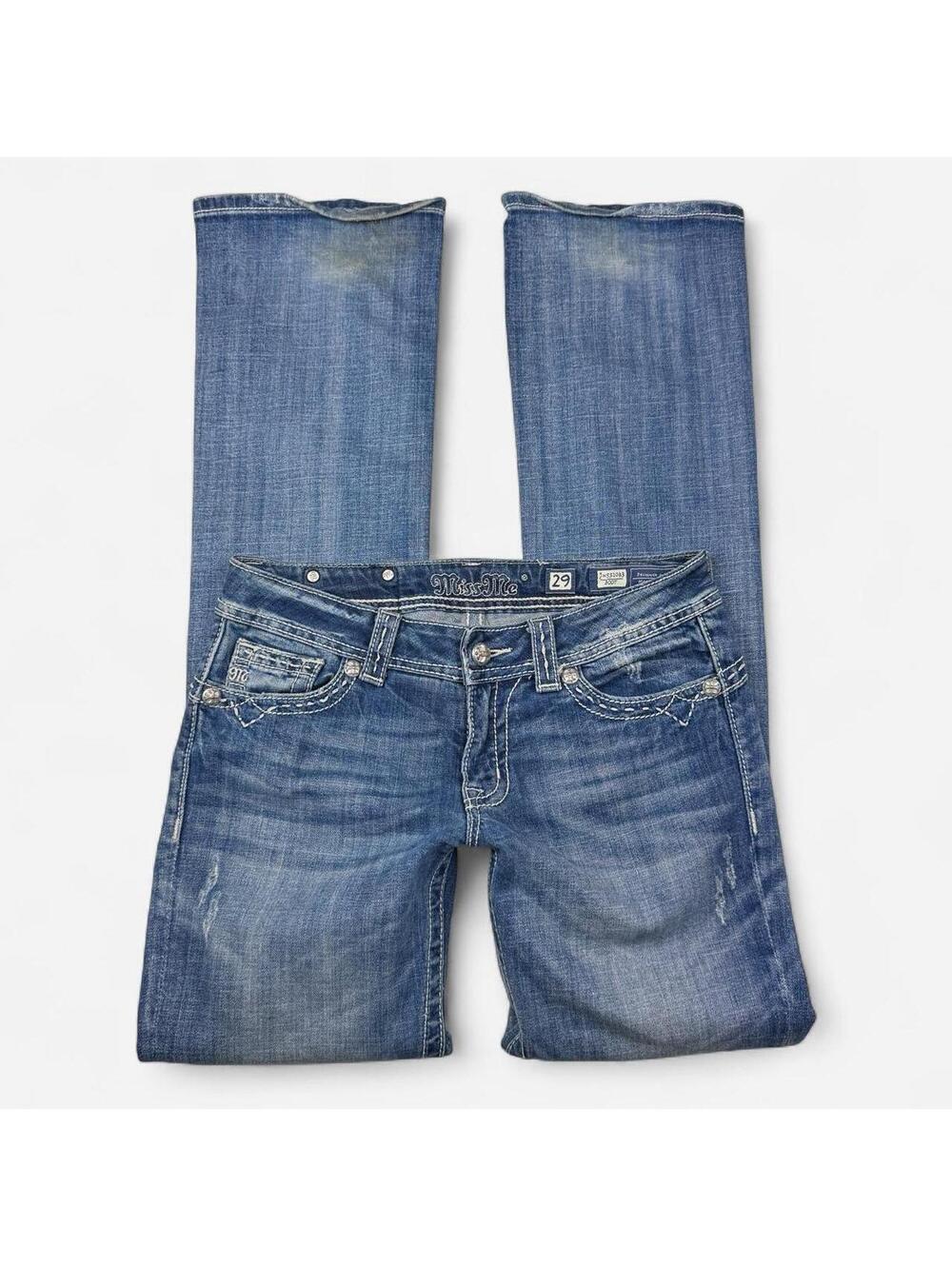 Miss Me Y2K Low Rise Rhinestone Bootcut Flare Jeans in Medium Wash Bella Swan